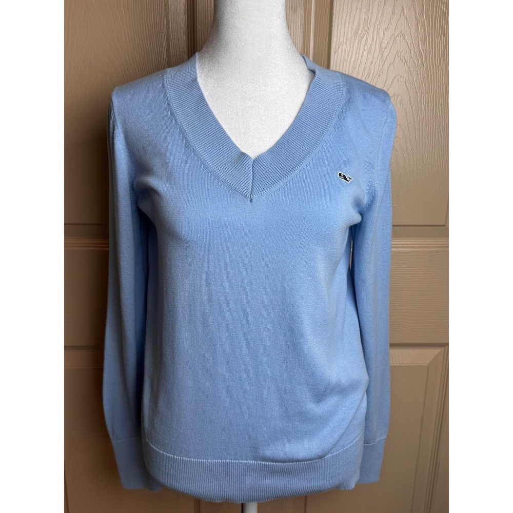 Vineyard Vines Womens Blue Cotton V-Neck Whale Logo Sweater XS Nautical Coastal